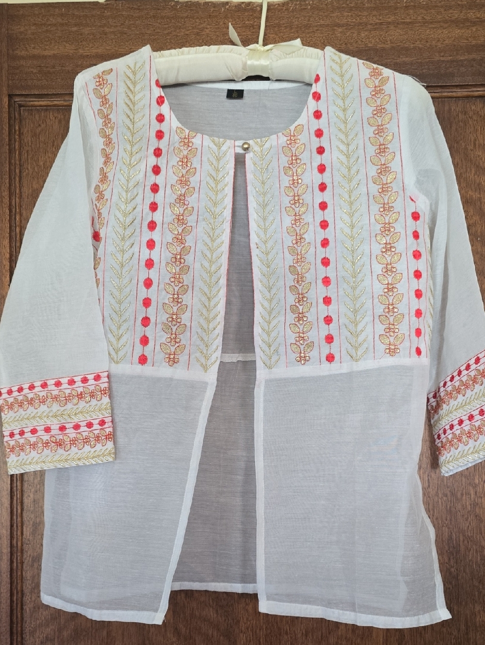 White Sheer Embroidered Open-Front Tunic with Coral Accents